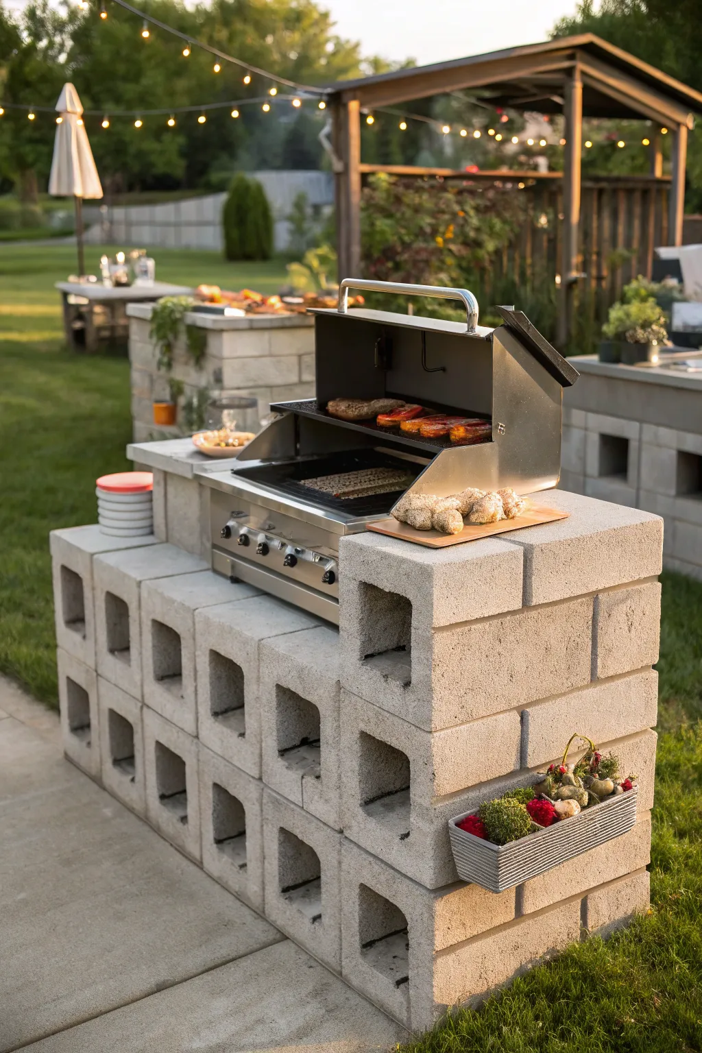 Elevate your outdoor cooking game with this multi-level cinder block grill station masterpiece.