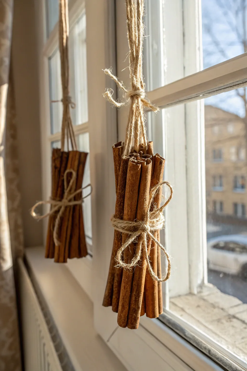Invite nature indoors with these charming cinnamon stick window hangers, adding a touch of warmth and scent to your space.