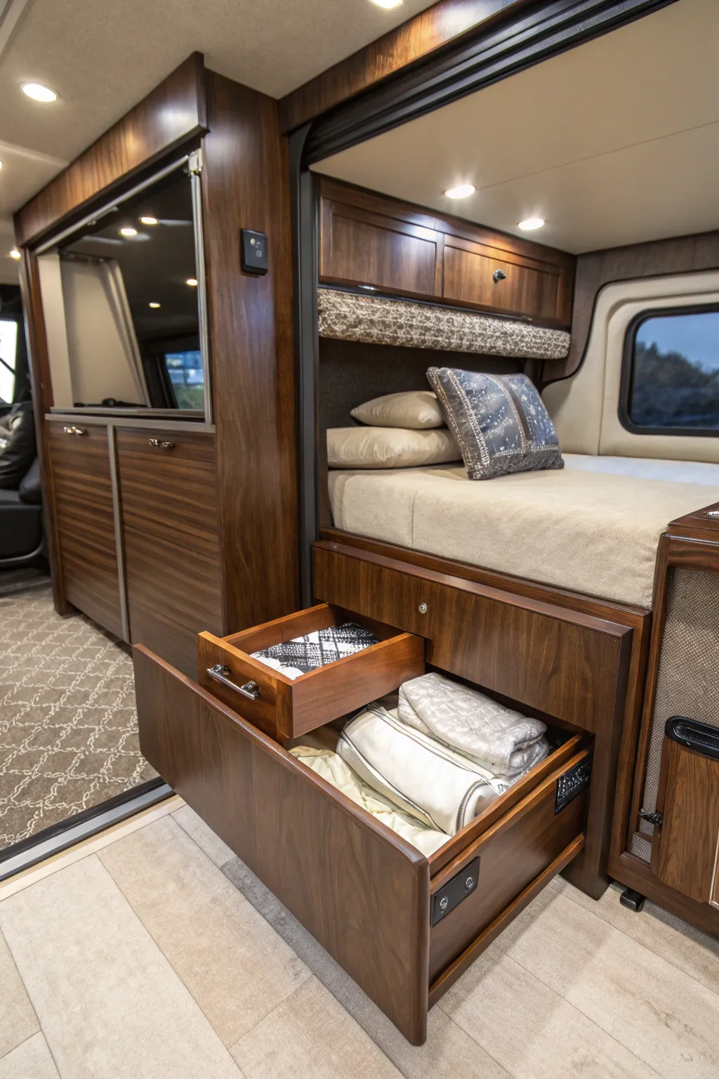 Elevate your RV's style and functionality with this sleek hidden storage solution.