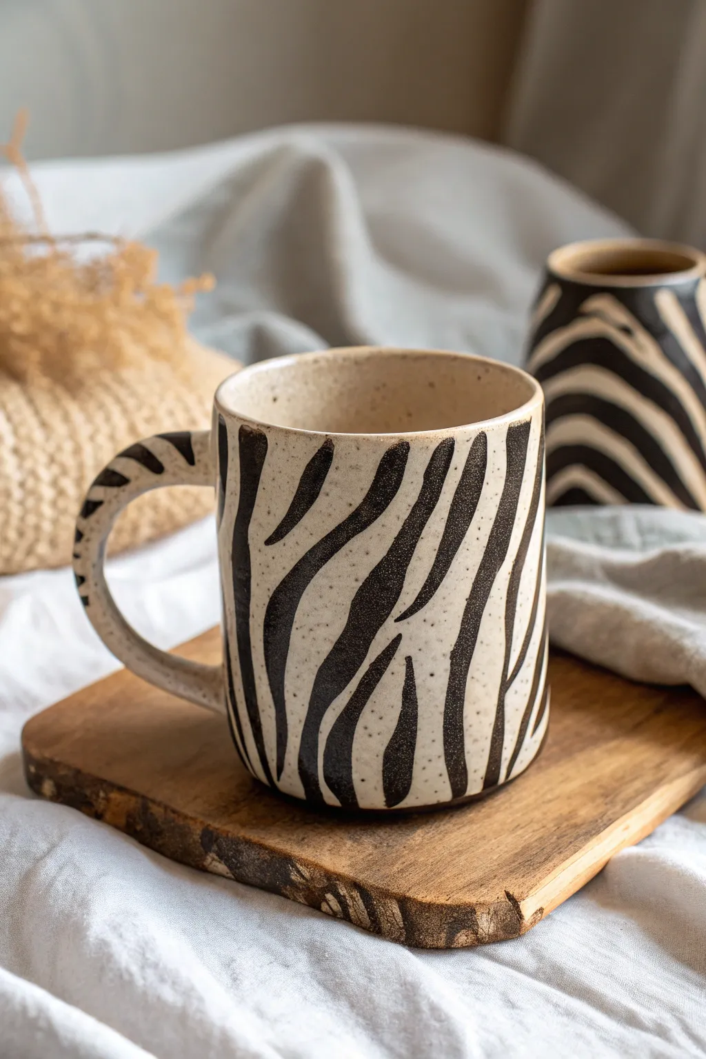Unleash your inner wild side with this chic zebra-striped clay mug, a perfect blend of minimalist elegance and bohemian flair.