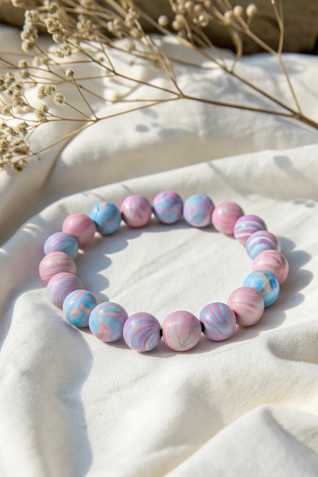 Embrace nostalgic elegance with this tie-dye inspired clay bead bracelet. Perfect for adding a touch of vibrant simplicity to your summer style. 🌸✨