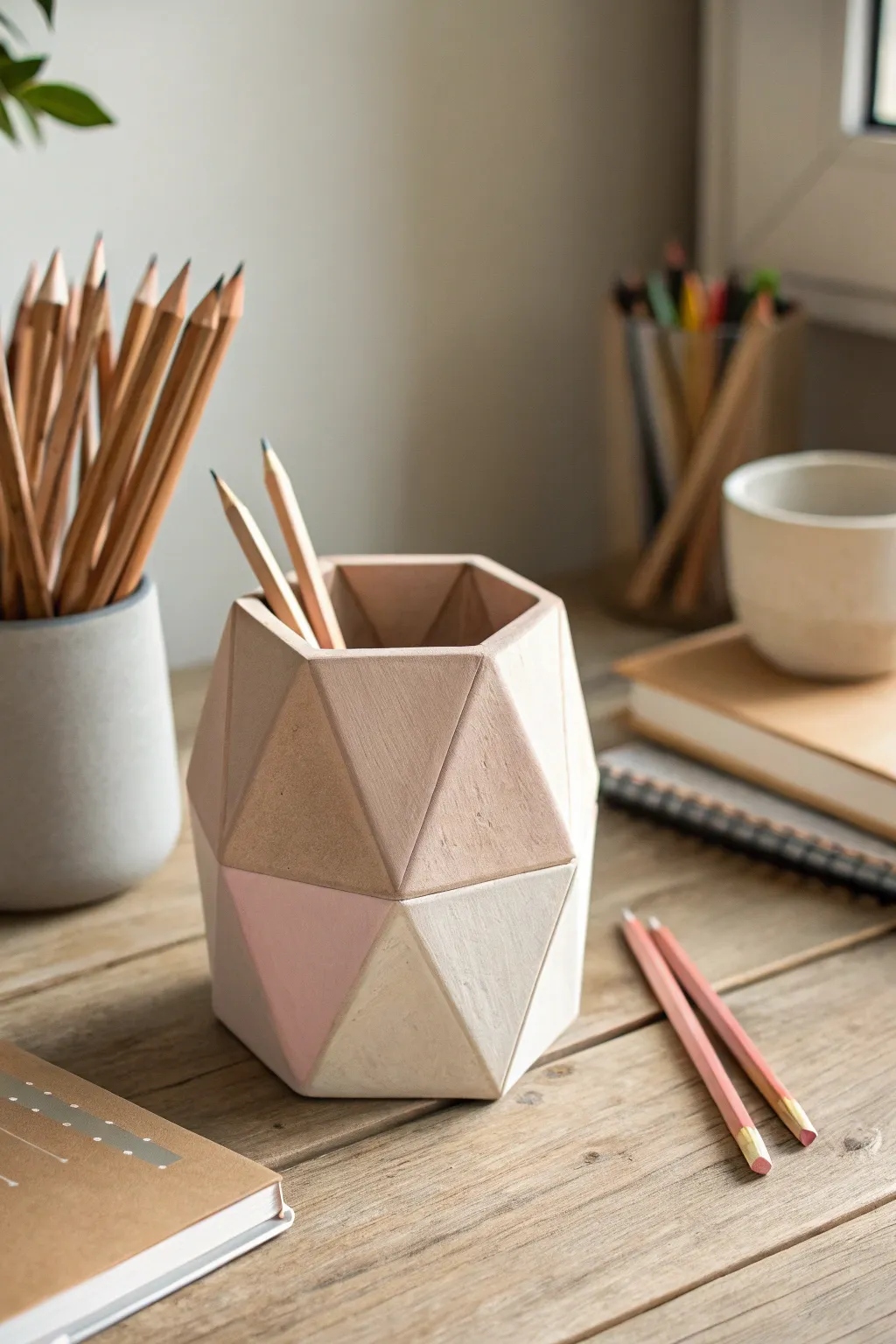 Elevate your desk with the elegance of a geometric clay pencil holder—where simplicity meets natural beauty.