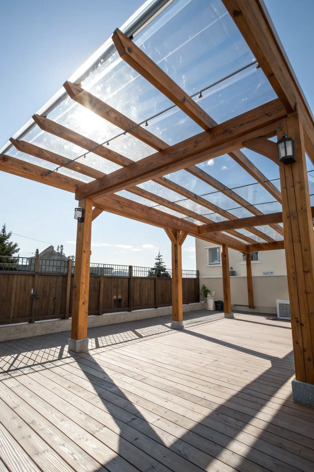 Elevate your outdoor space with a handcrafted clear roof pergola—where craftsmanship meets personal style.