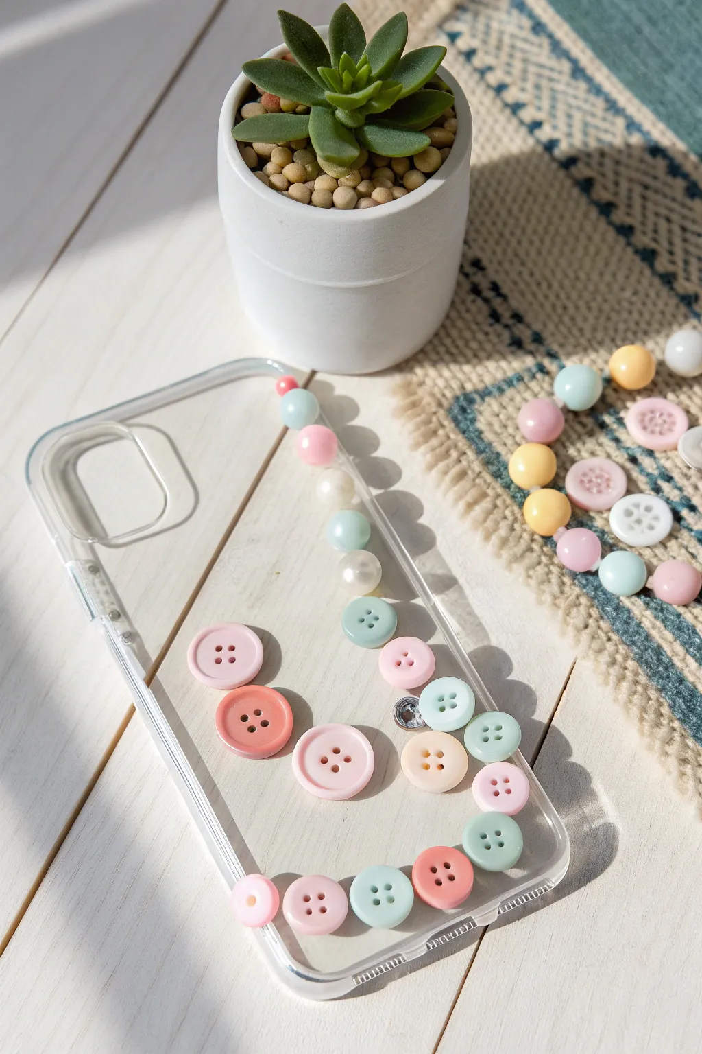 Elevate your phone case with playful buttons and beads for a touch of tactile elegance.