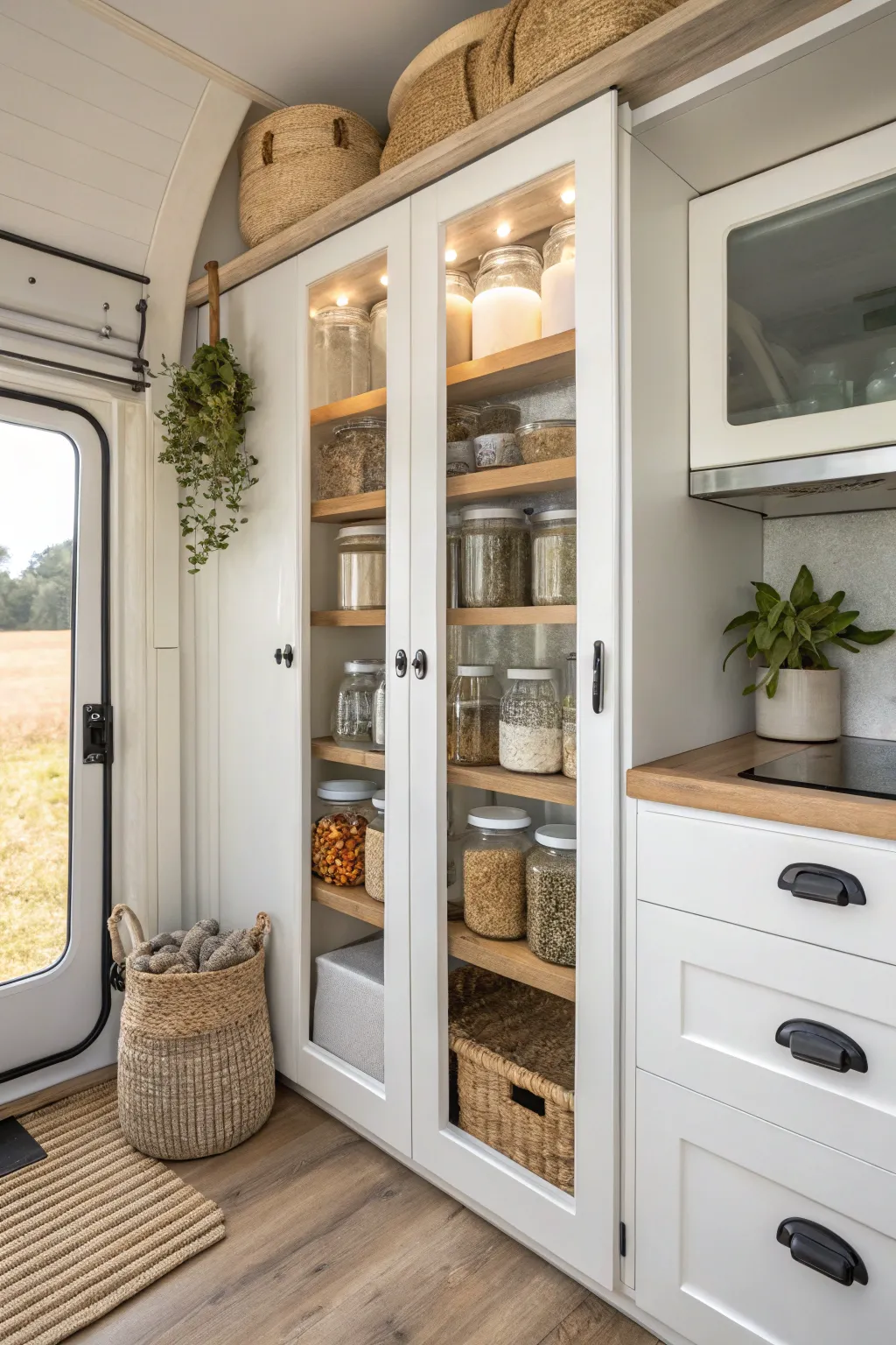 Transform your campervan kitchen with elegant transparent pantry doors for easy meal planning and a touch of minimalist charm.