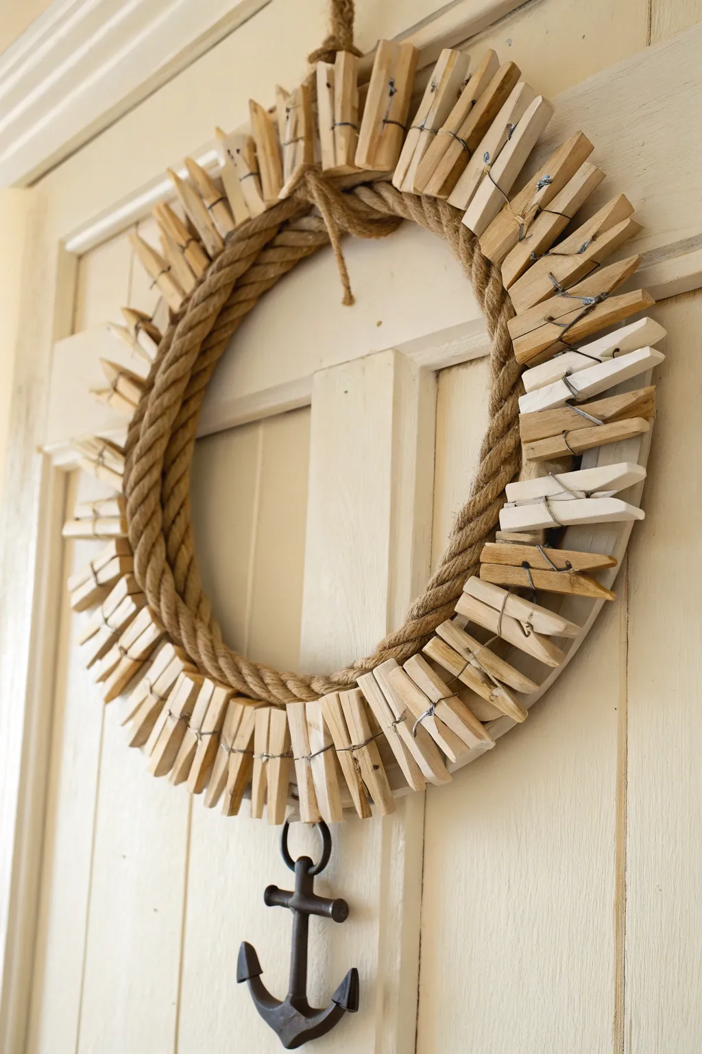 Bring coastal charm to your home with this stunning nautical clothespin wreath.