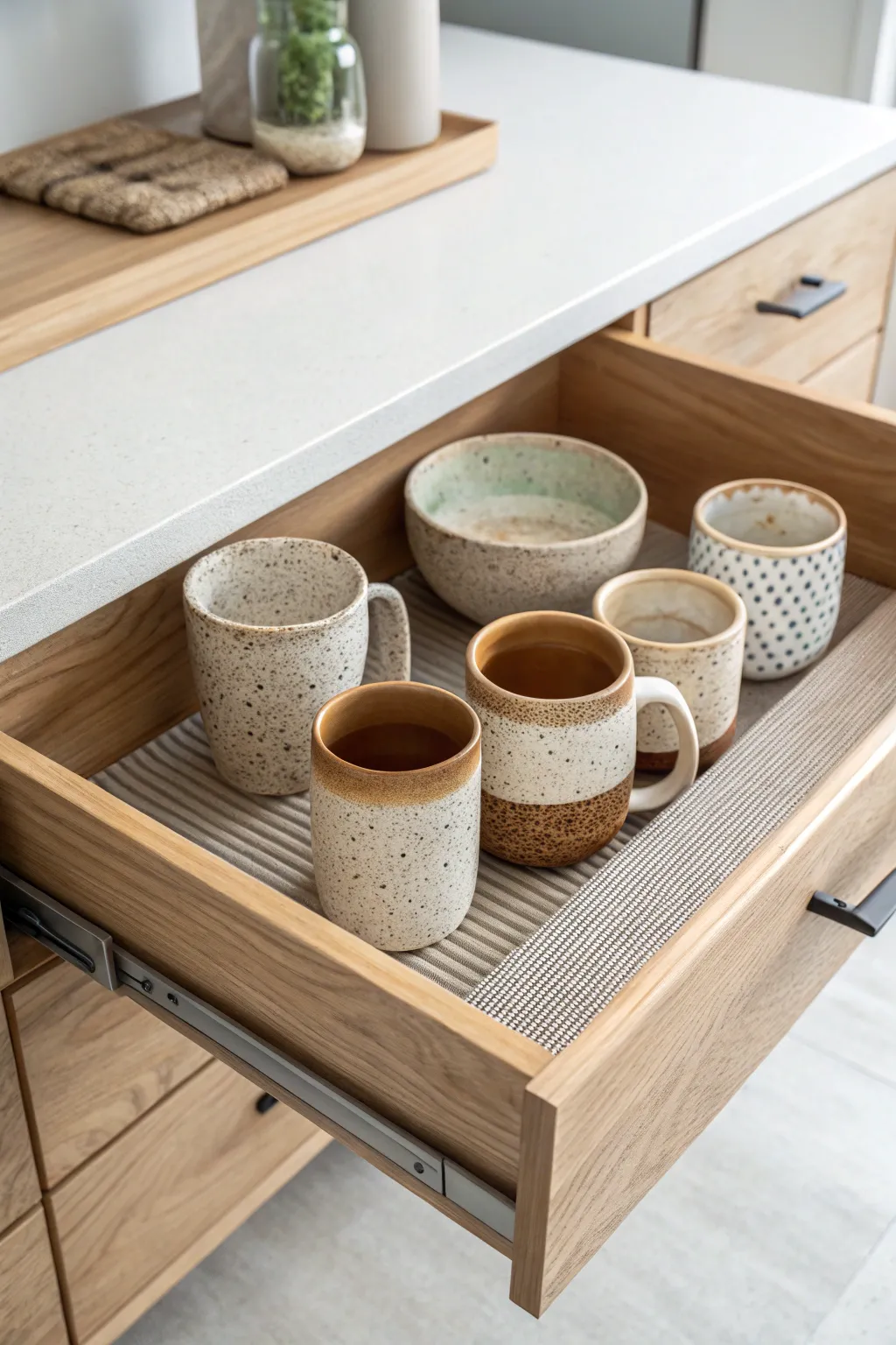 Effortless elegance in mug storage: Discover the beauty of hidden drawer organization.