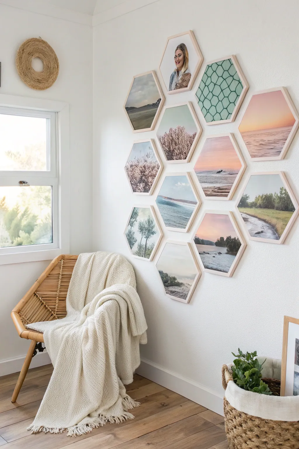 Transform your space with a chic hexagon photo collage, blending minimalist design with a touch of boho charm.