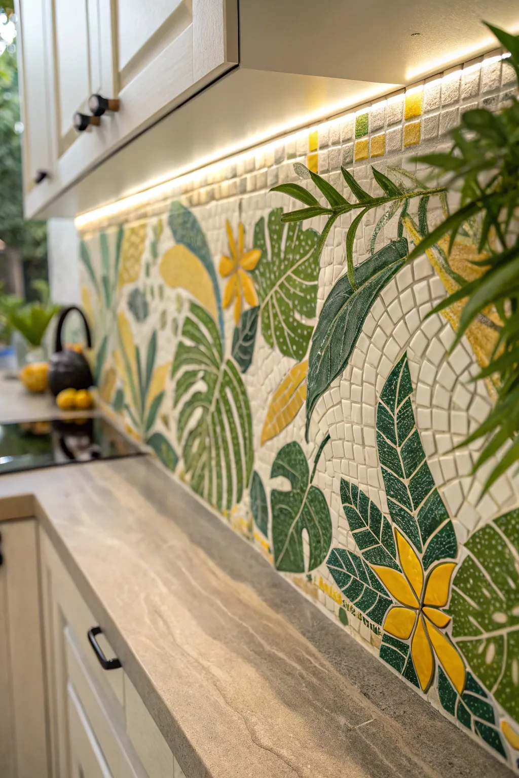 Bring the tropics home with this stunning mosaic backsplash, a perfect blend of color and craftsmanship.