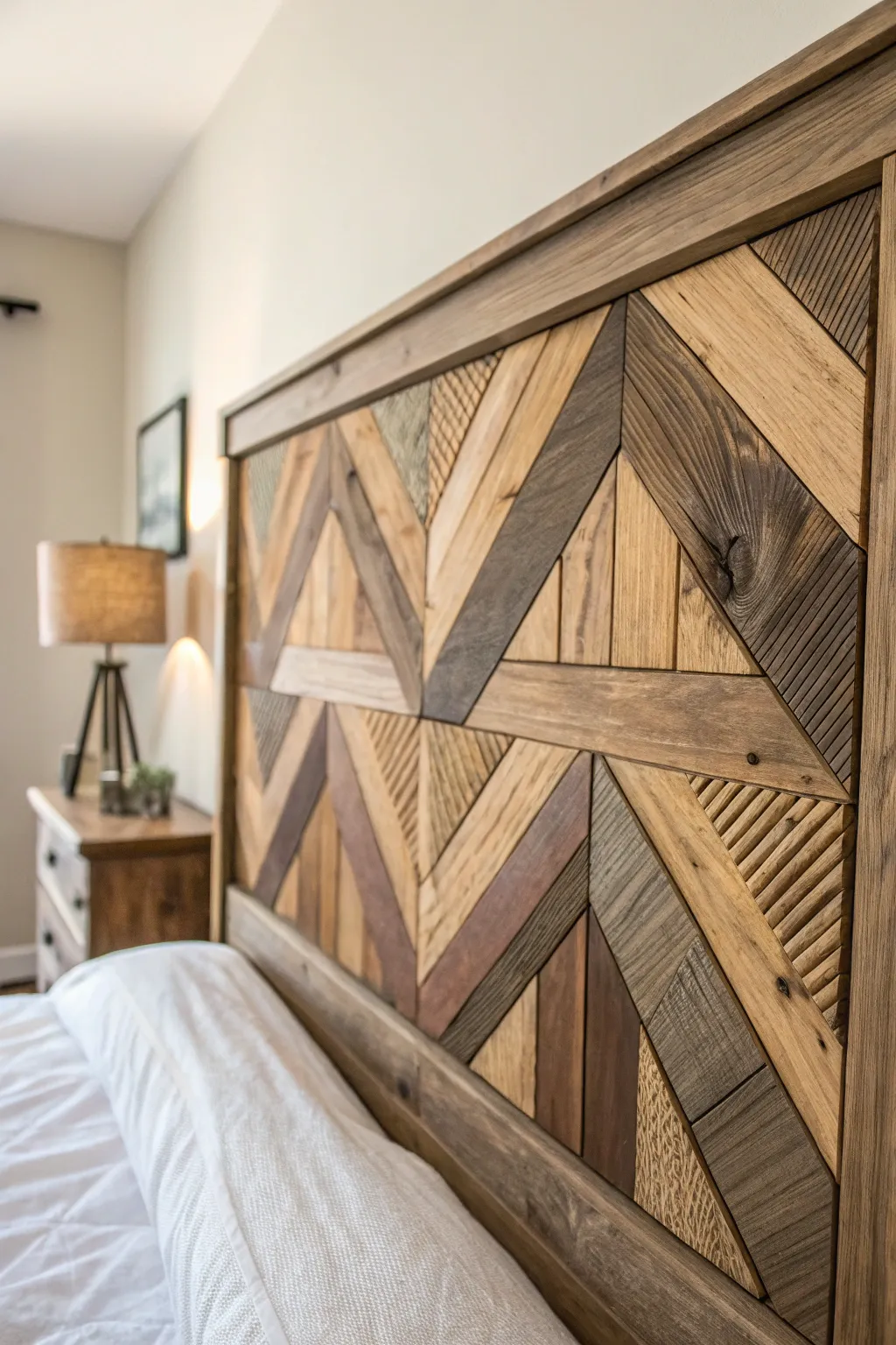 Transform your bedroom with this striking headboard crafted from reclaimed 2x4s, blending style with craftsmanship.