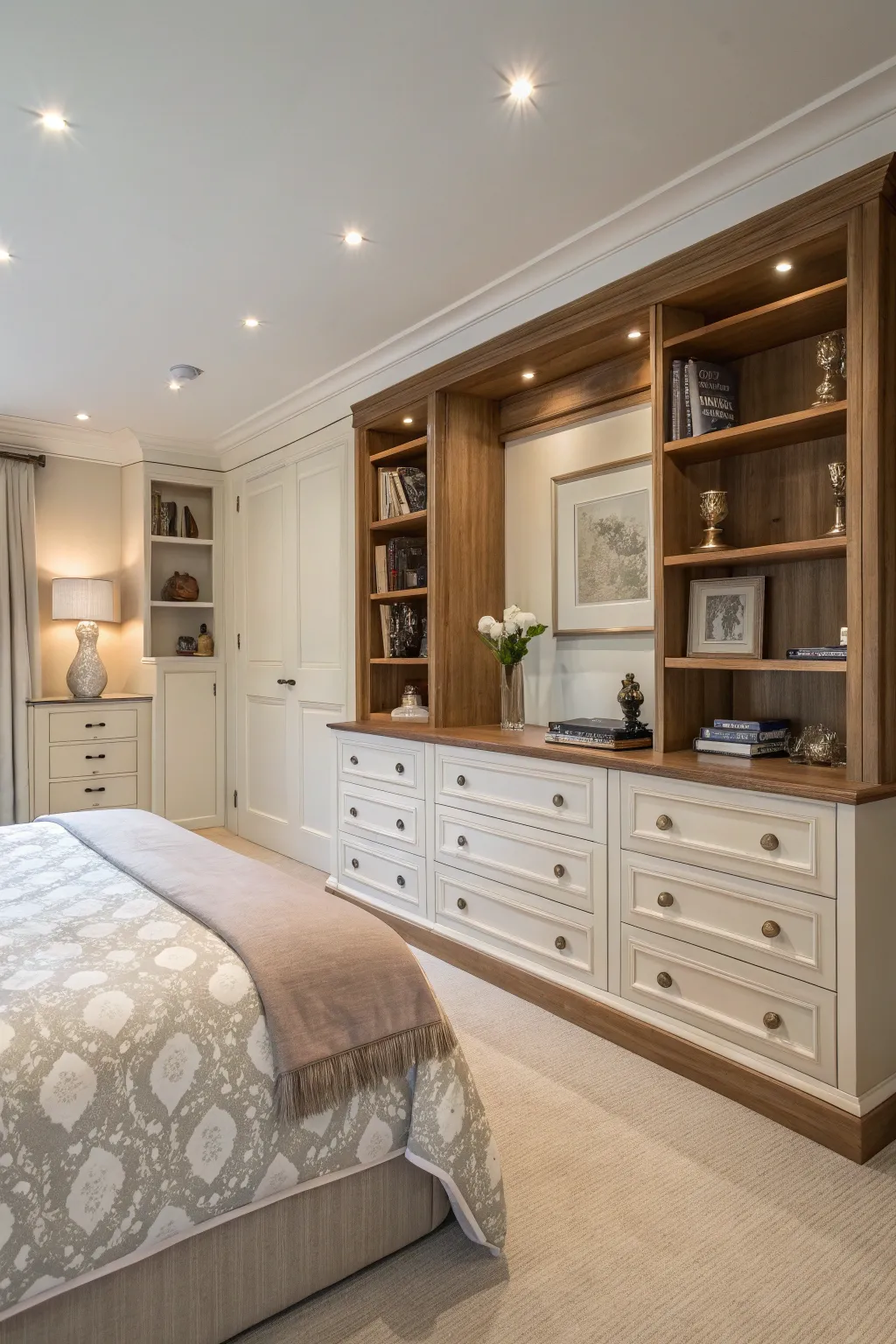 Built-ins keep your romantic space organized and serene.