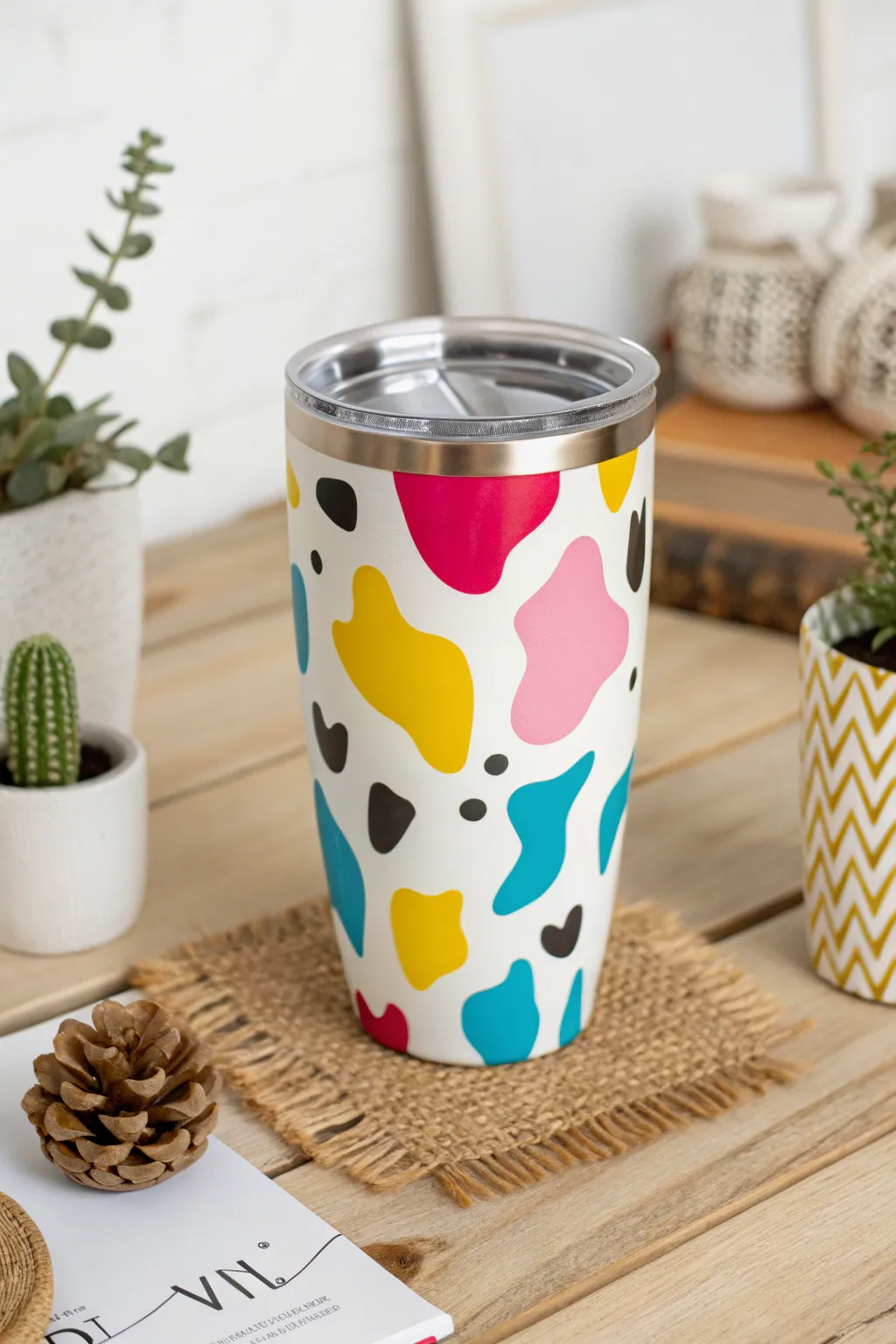 Embrace your artistic side with a pop art cow print tumbler that combines Scandinavian minimalism with a touch of Boho flair.