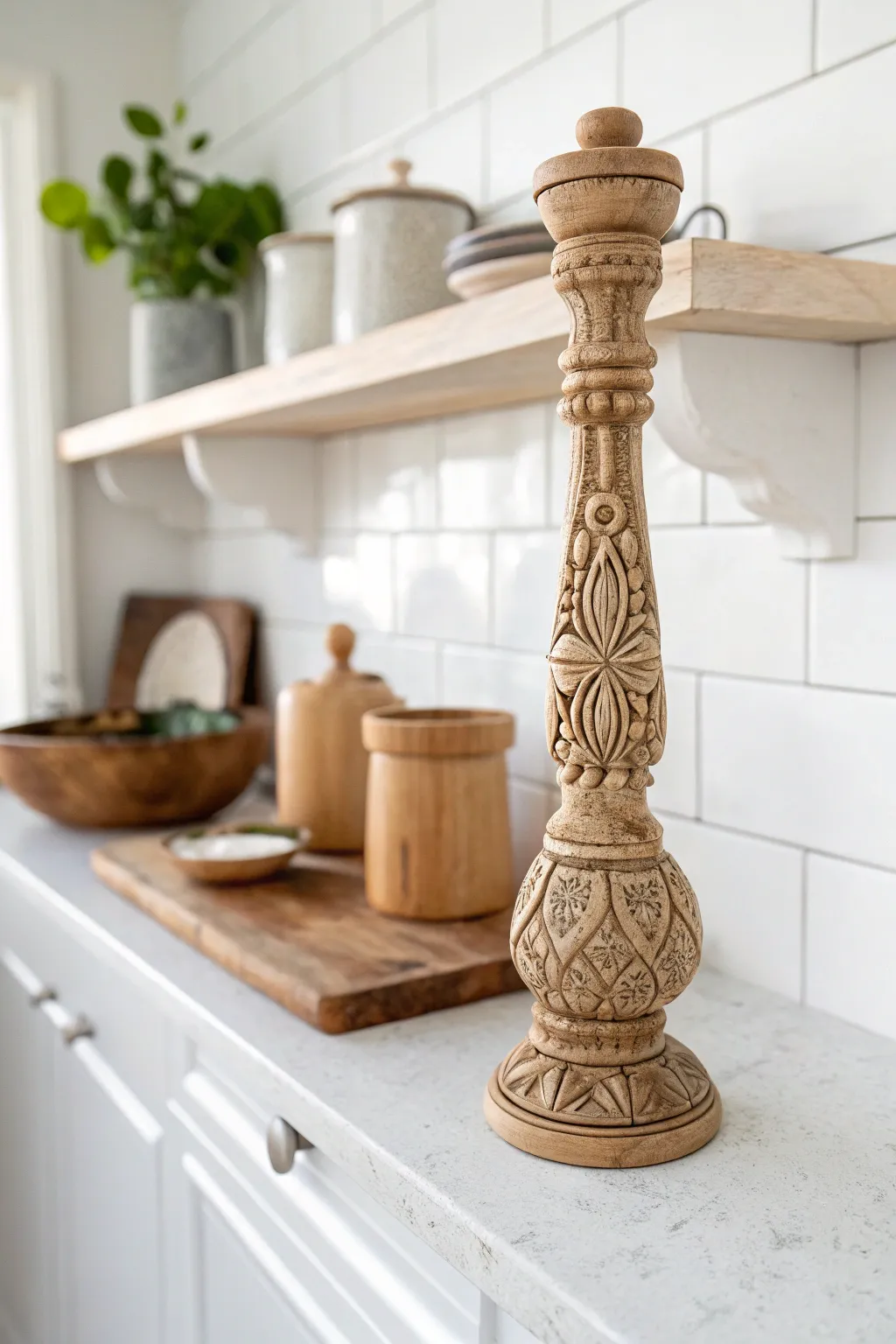 Elevate your kitchen's charm with rustic elegance: handcrafted spindle shelf supports.