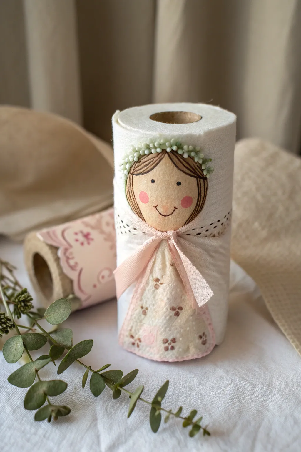 Craft your own charming doll character from a simple toilet roll, embodying minimalist elegance and playful creativity.