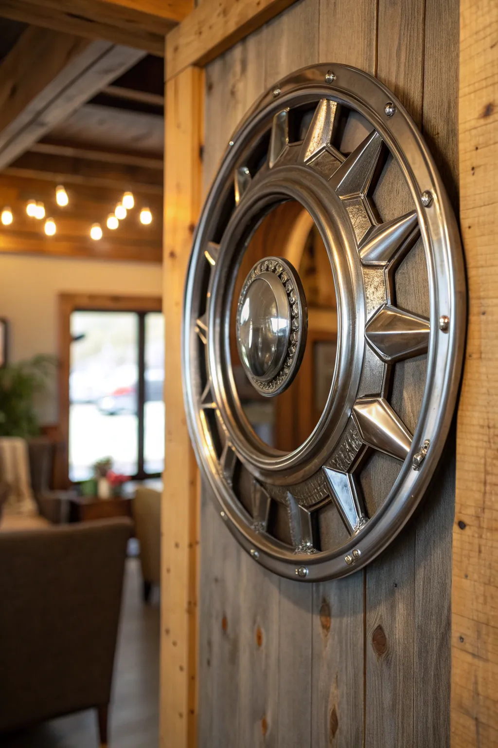 Reflect creativity with this vintage hubcap mirror, where craftsmanship meets style.