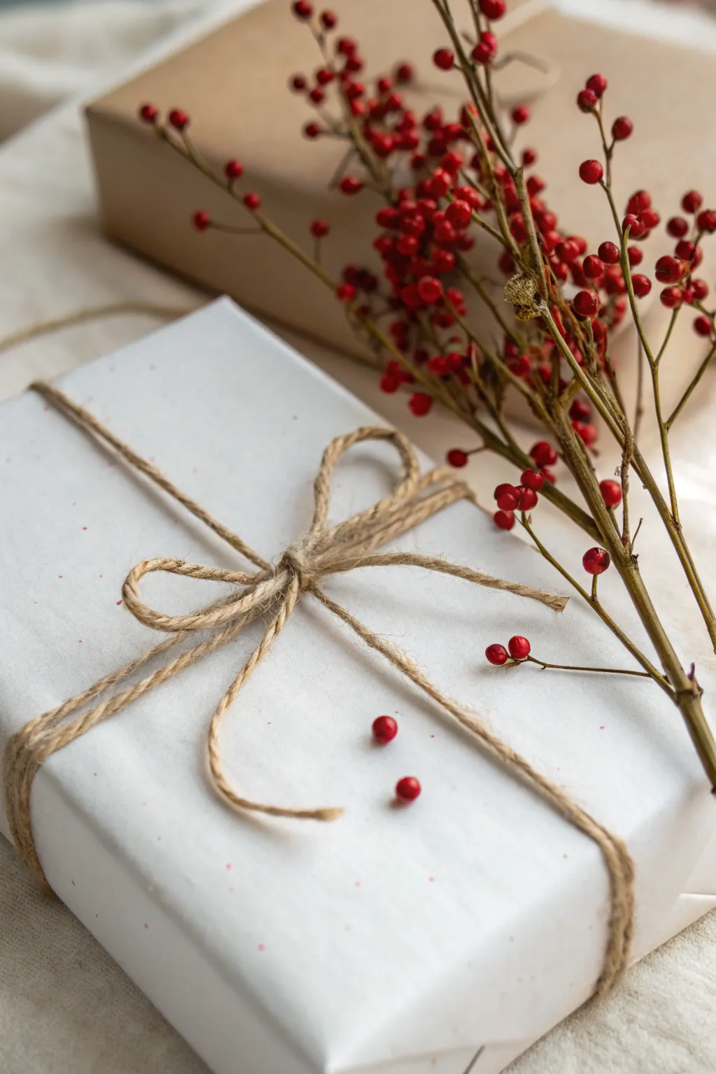 Elevate your gift wrapping with nature's elegance: twigs and berries for a chic, earthy touch.