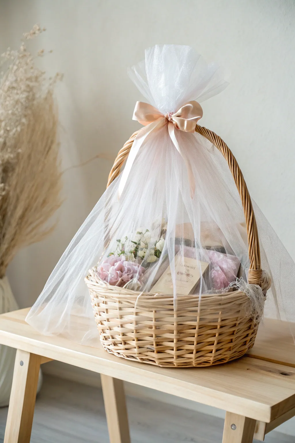 Transform your gift basket into a whimsical masterpiece with layers of soft tulle.