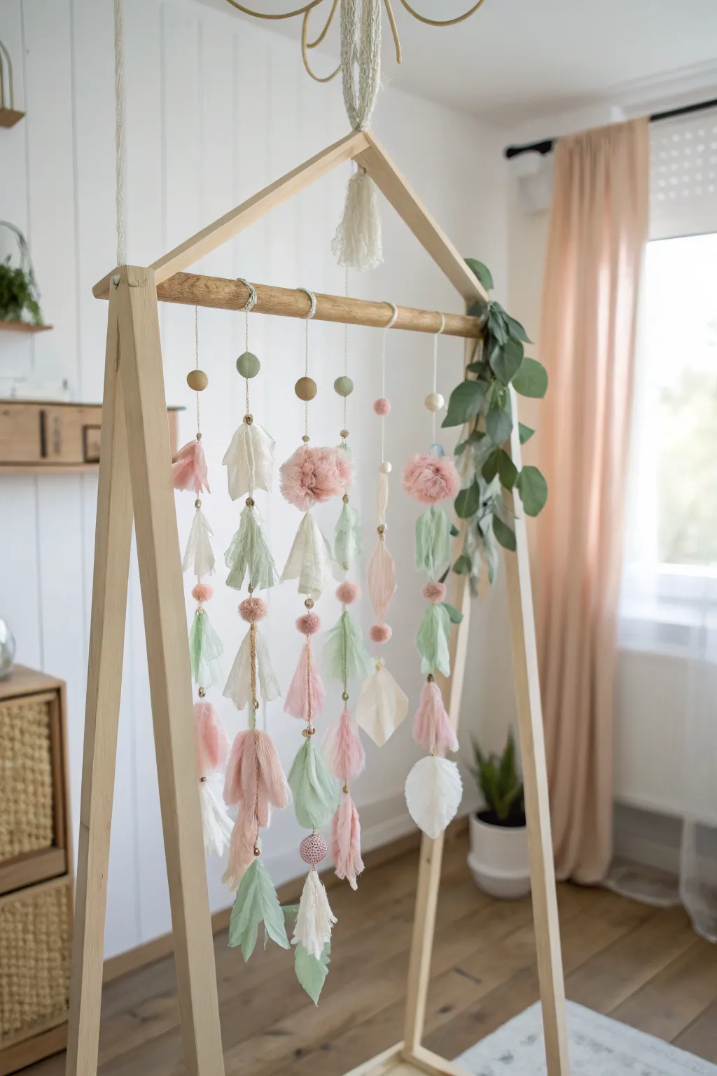 Create a serene atmosphere with a handmade crepe paper mobile that dances in the breeze.