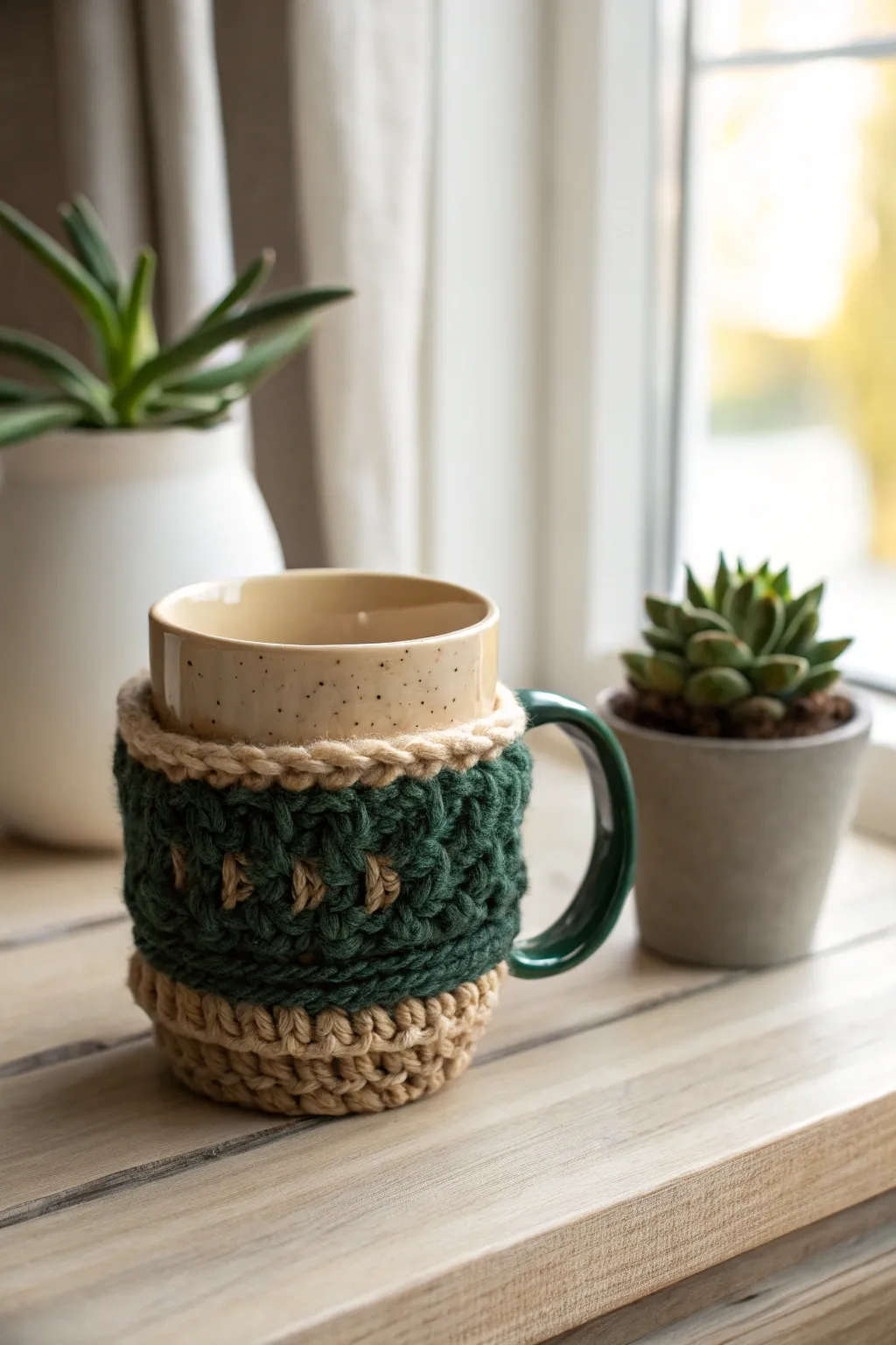 Elevate your coffee experience with a handcrafted crochet mug cozy, blending rustic charm with minimalist elegance.