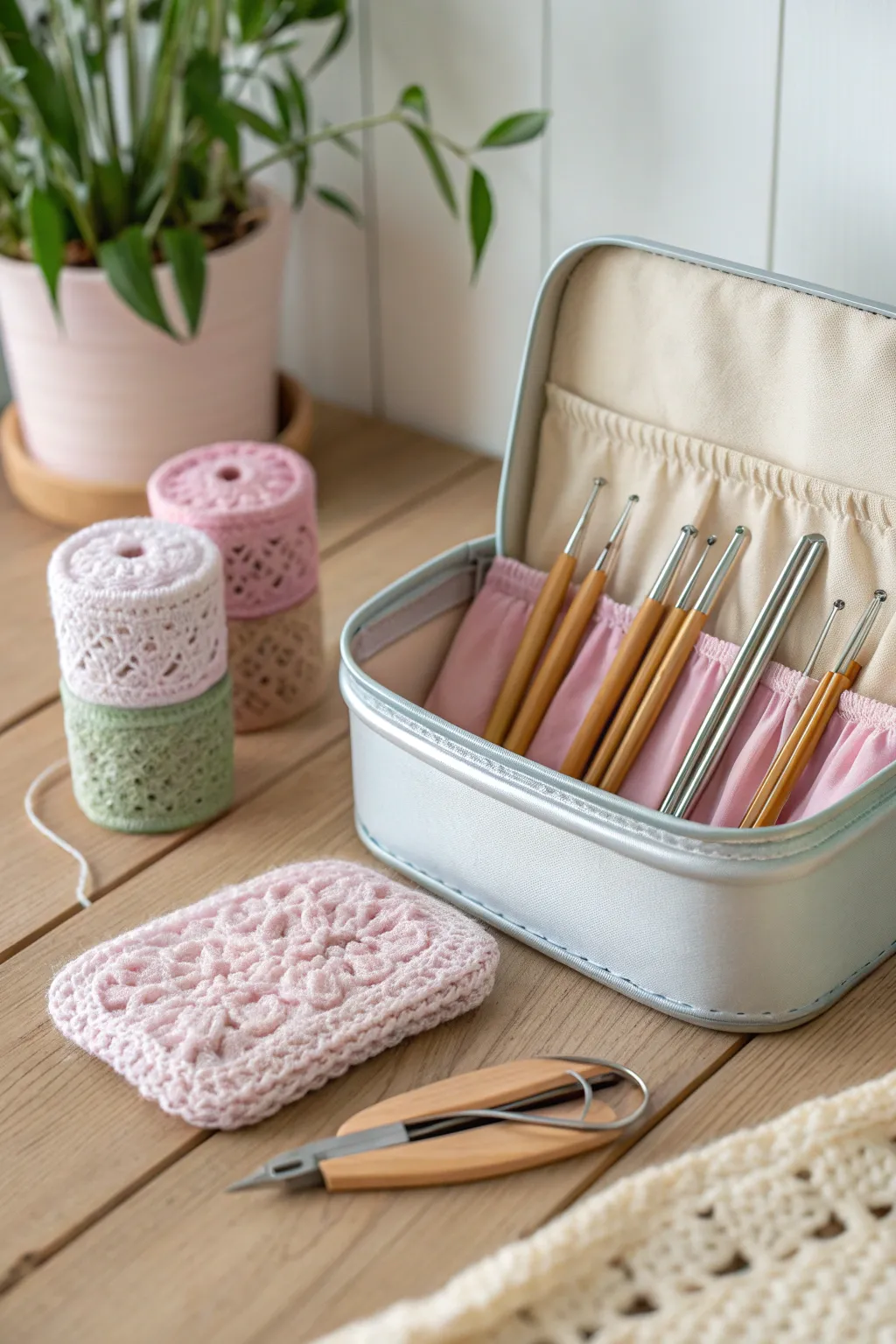 Elevate your crochet space with elegant fabric-lined tins—where organization meets artistry.