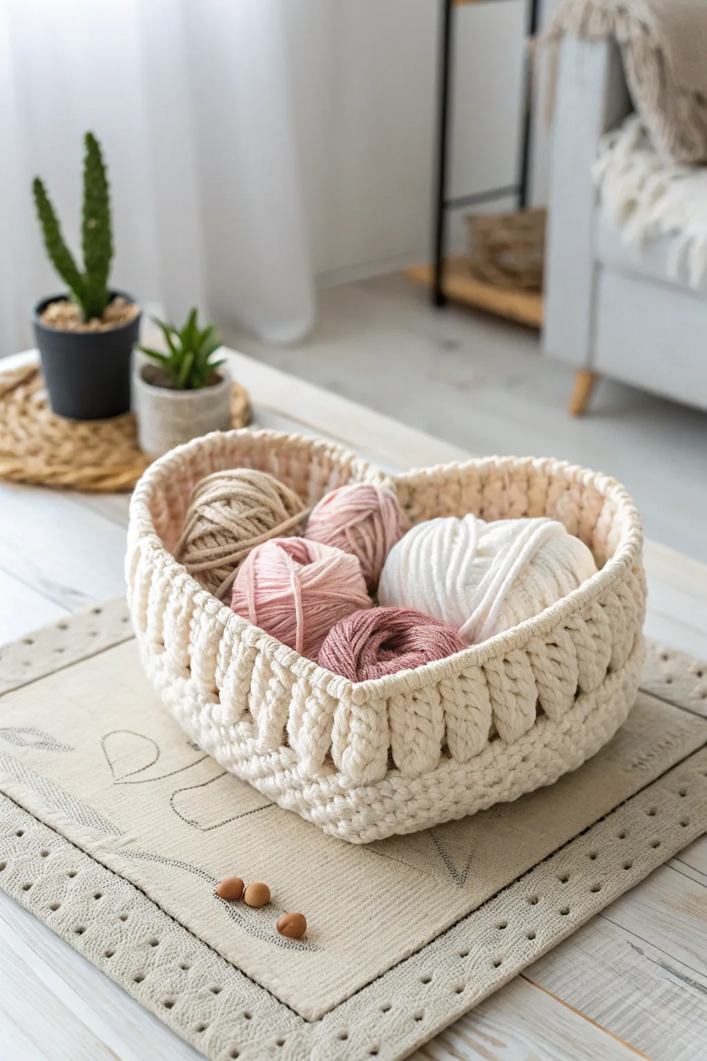 Organize your yarn with love in a heart-shaped crochet basket that inspires creativity every day.