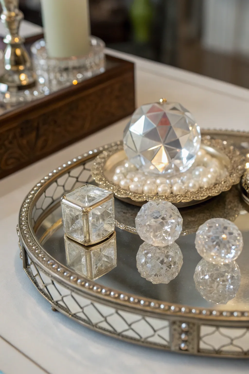 Mirror trays reflecting the beauty of displayed crystals.