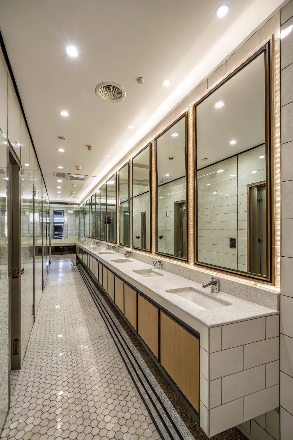 Mirrored walls expand the visual space in this elegant bathroom.