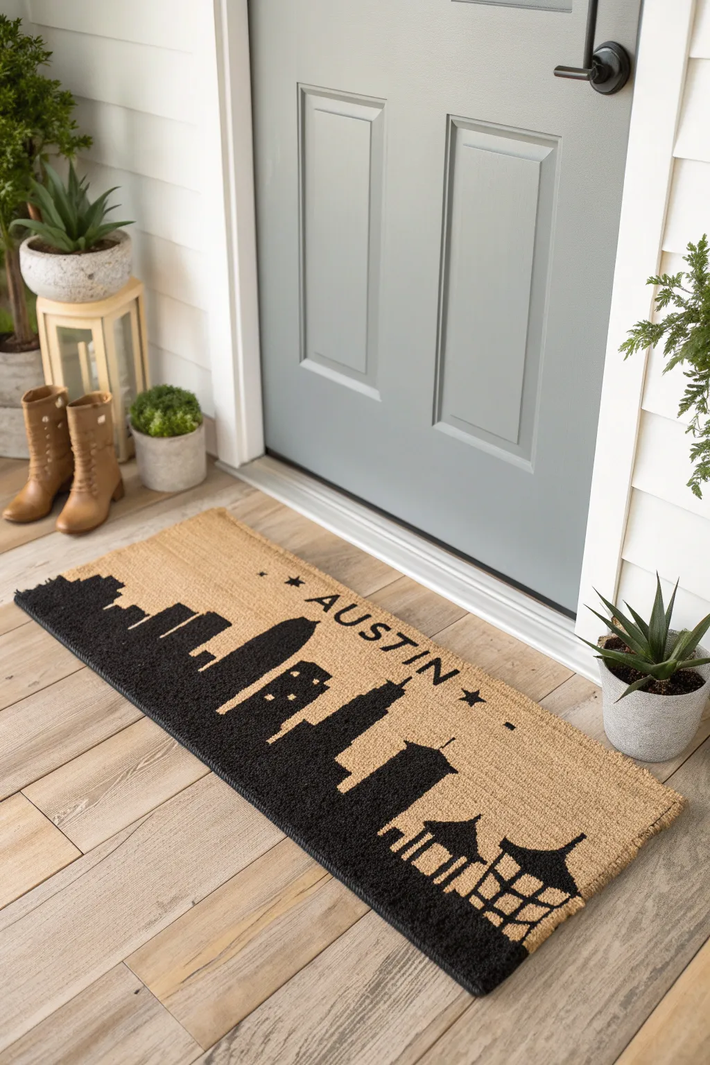 Welcome home with a touch of city pride – Austin's skyline in minimalist charm.