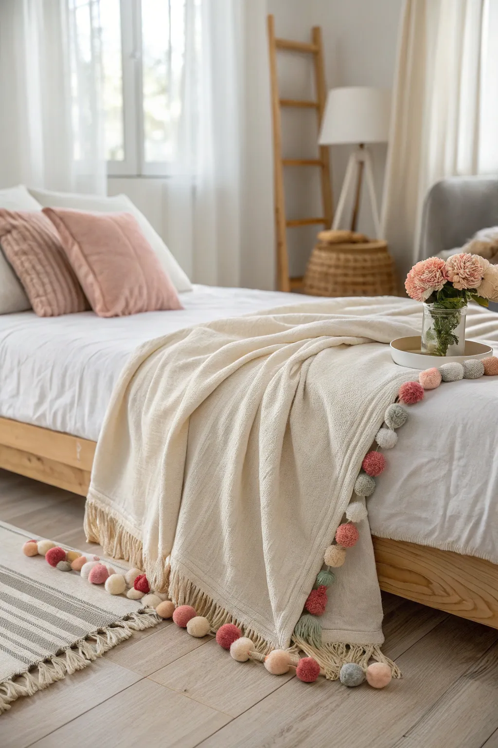 Add a playful touch to your room with a DIY pom pom blanket—perfect for cozy, minimalist vibes!