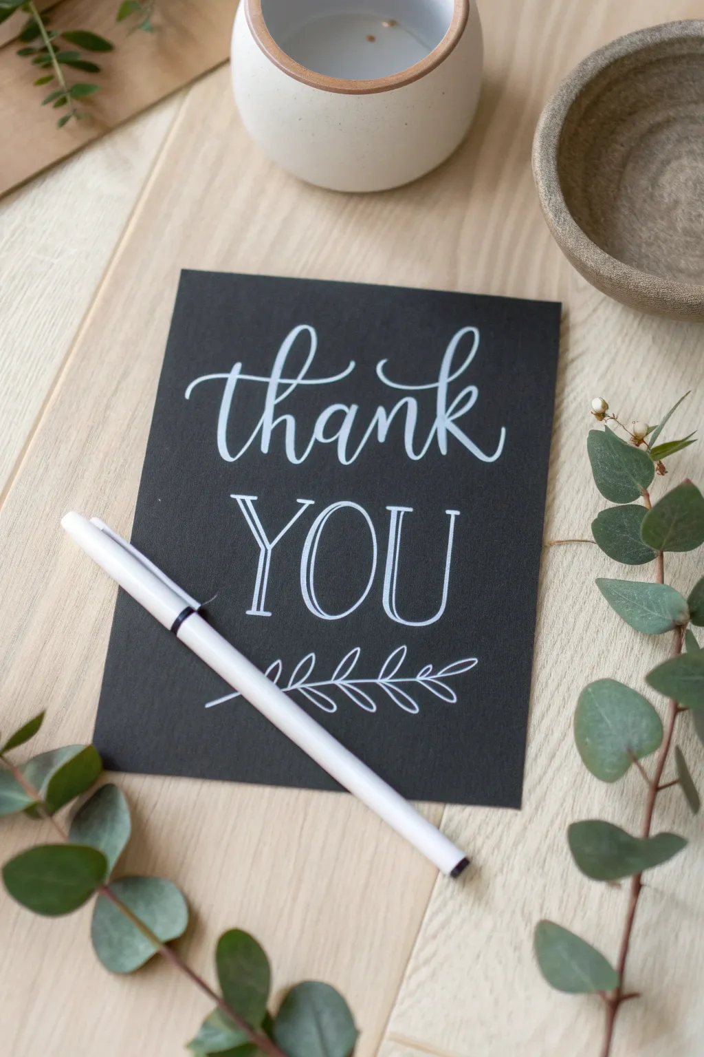 Elevate your gratitude game with this chic chalkboard-inspired thank you card, perfect for those who cherish simplicity and natural beauty.