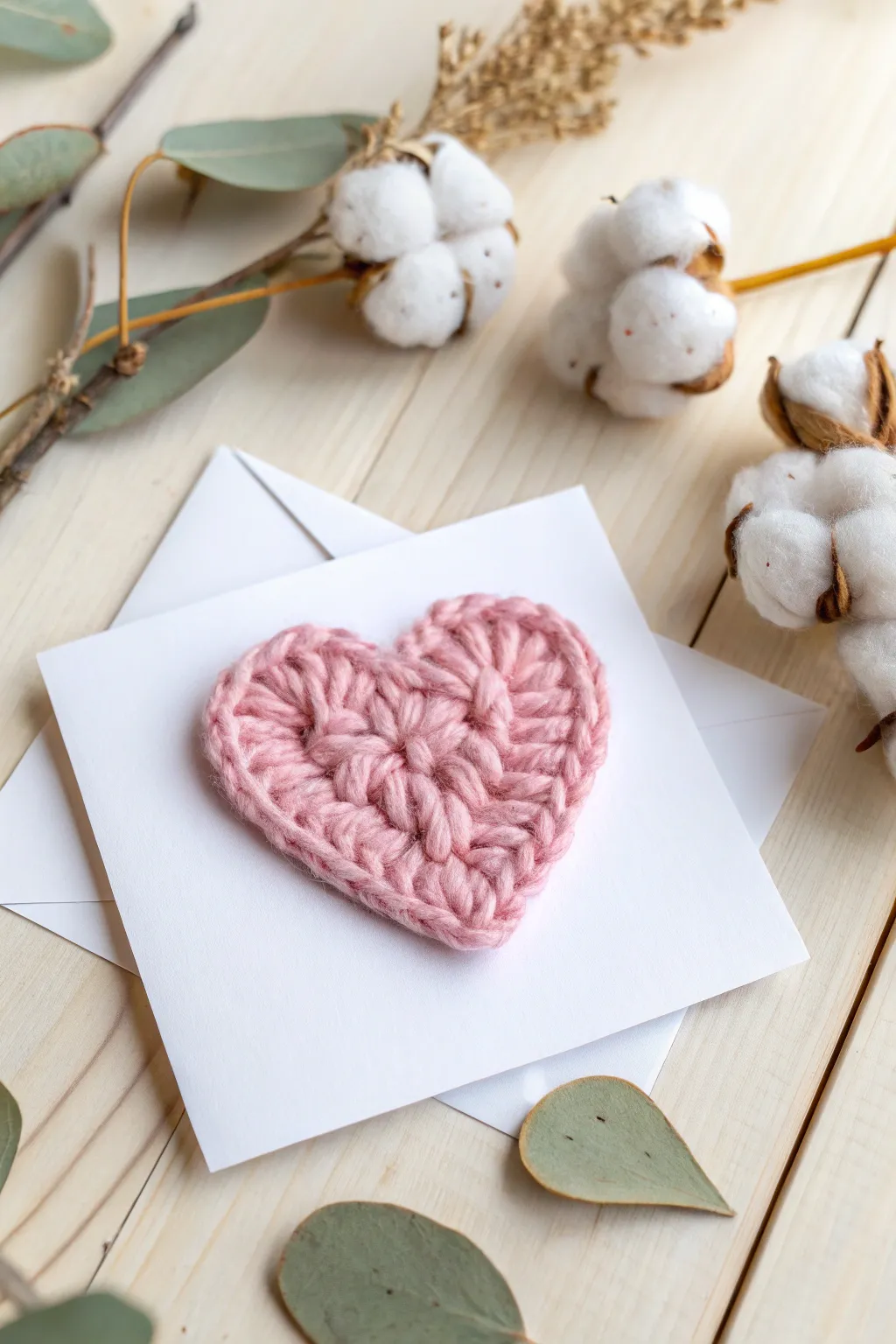 Craft your love: A minimalist touch with a knitted heart embellishment for your Valentine's card.