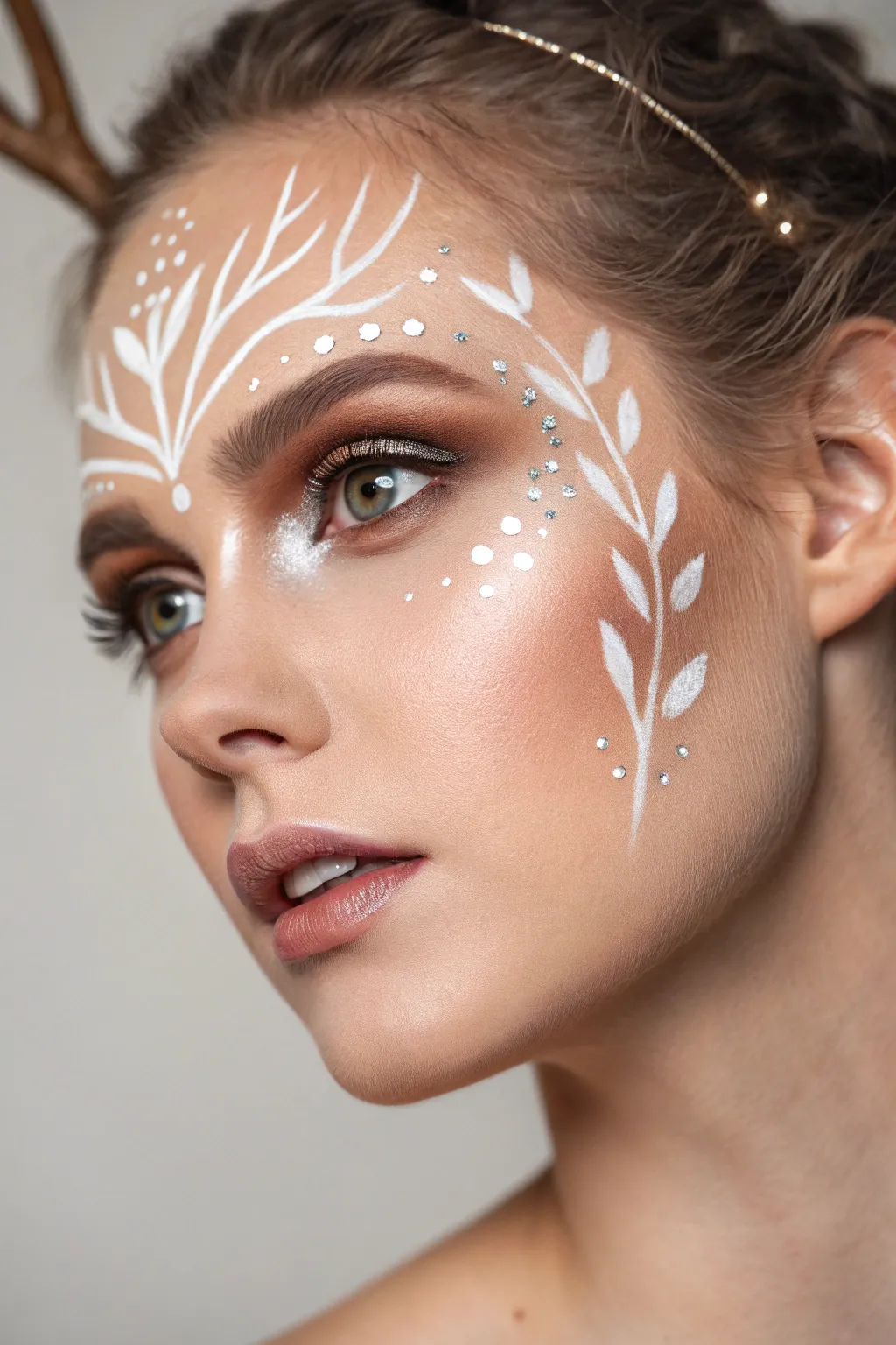 Elevate your style with stunning metallic deer face paint—perfect for evening elegance.