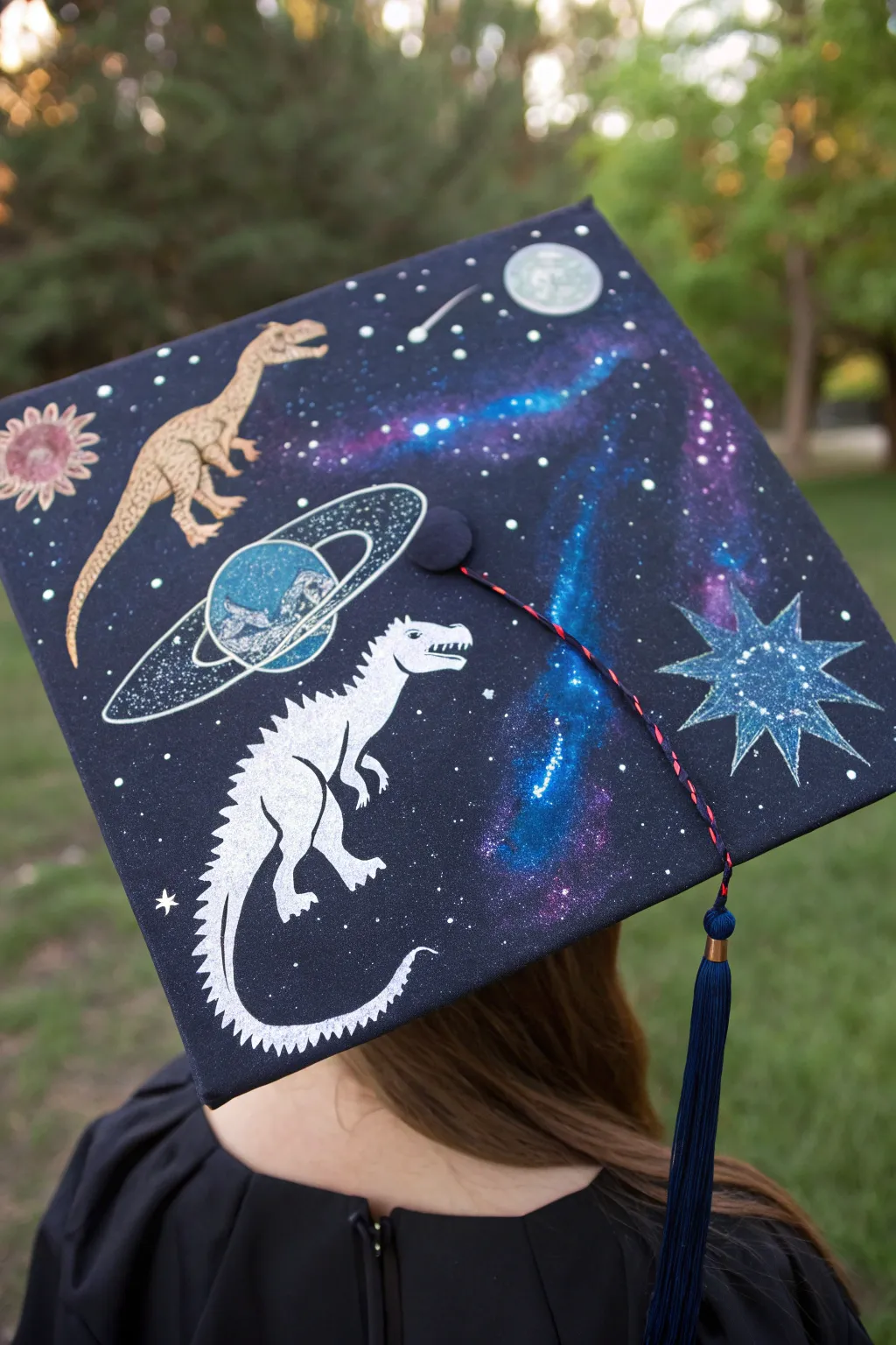 Unleash your inner paleontologist with a cosmic twist—graduate in style with this Dinosaur Galaxy cap!