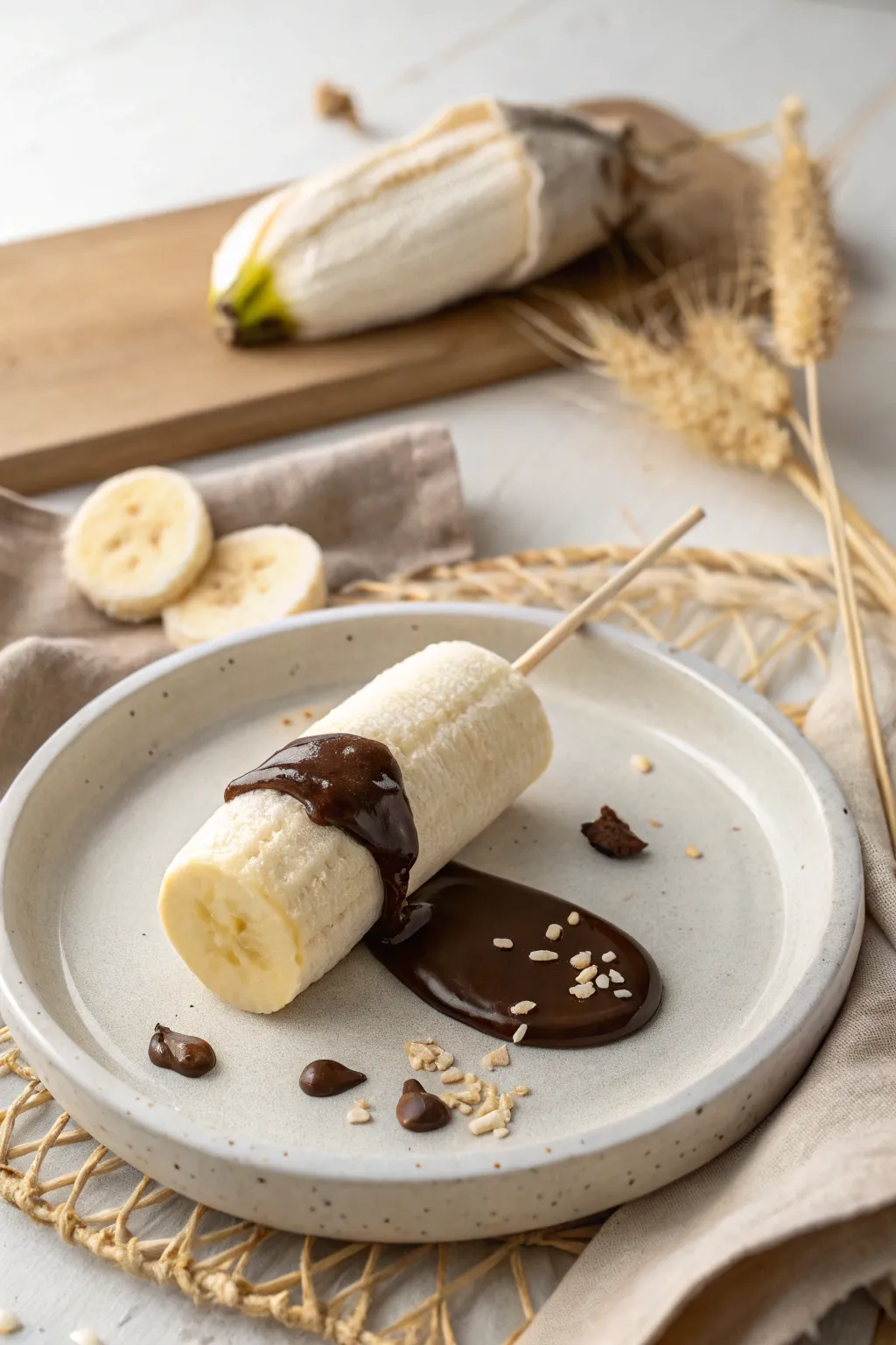 Indulge in the simple elegance of frozen bananas dipped in chocolate—a perfect blend of creamy and rich delight.