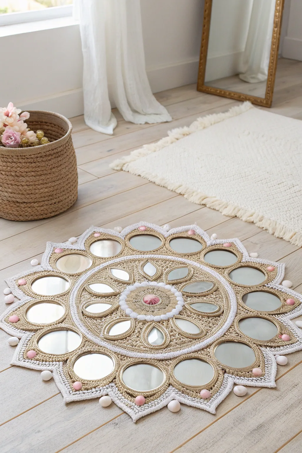 Reflect the Light: Elevate your Diwali decor with a minimalist Mirror Rangoli, where simplicity meets elegance. #DiwaliDecor #MirrorRangoli #ScandinavianBoho