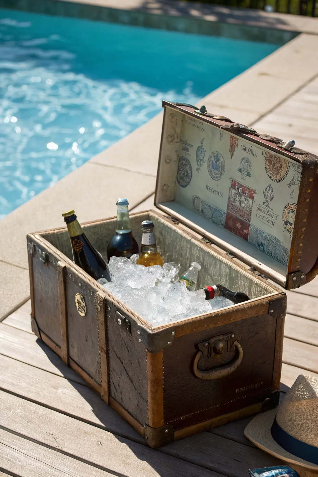 Chill in style with a vintage suitcase cooler – where nostalgia meets functionality by the poolside.