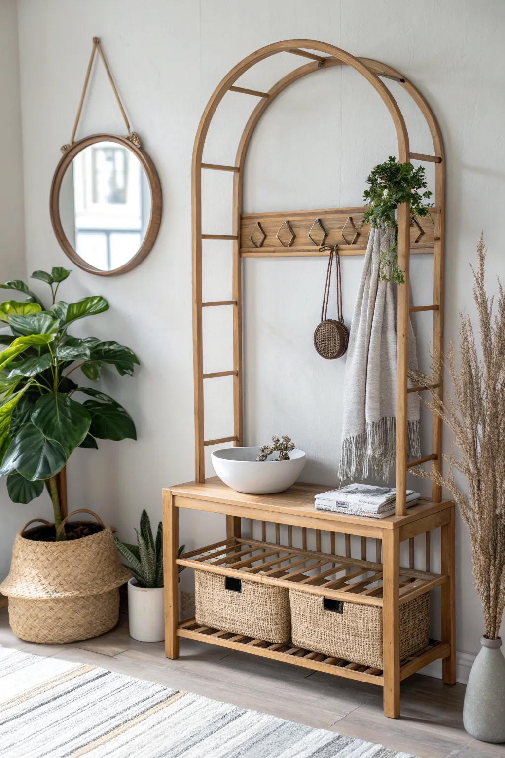 Create a warm welcome with a minimalist entryway station that combines Scandinavian simplicity with Boho charm.