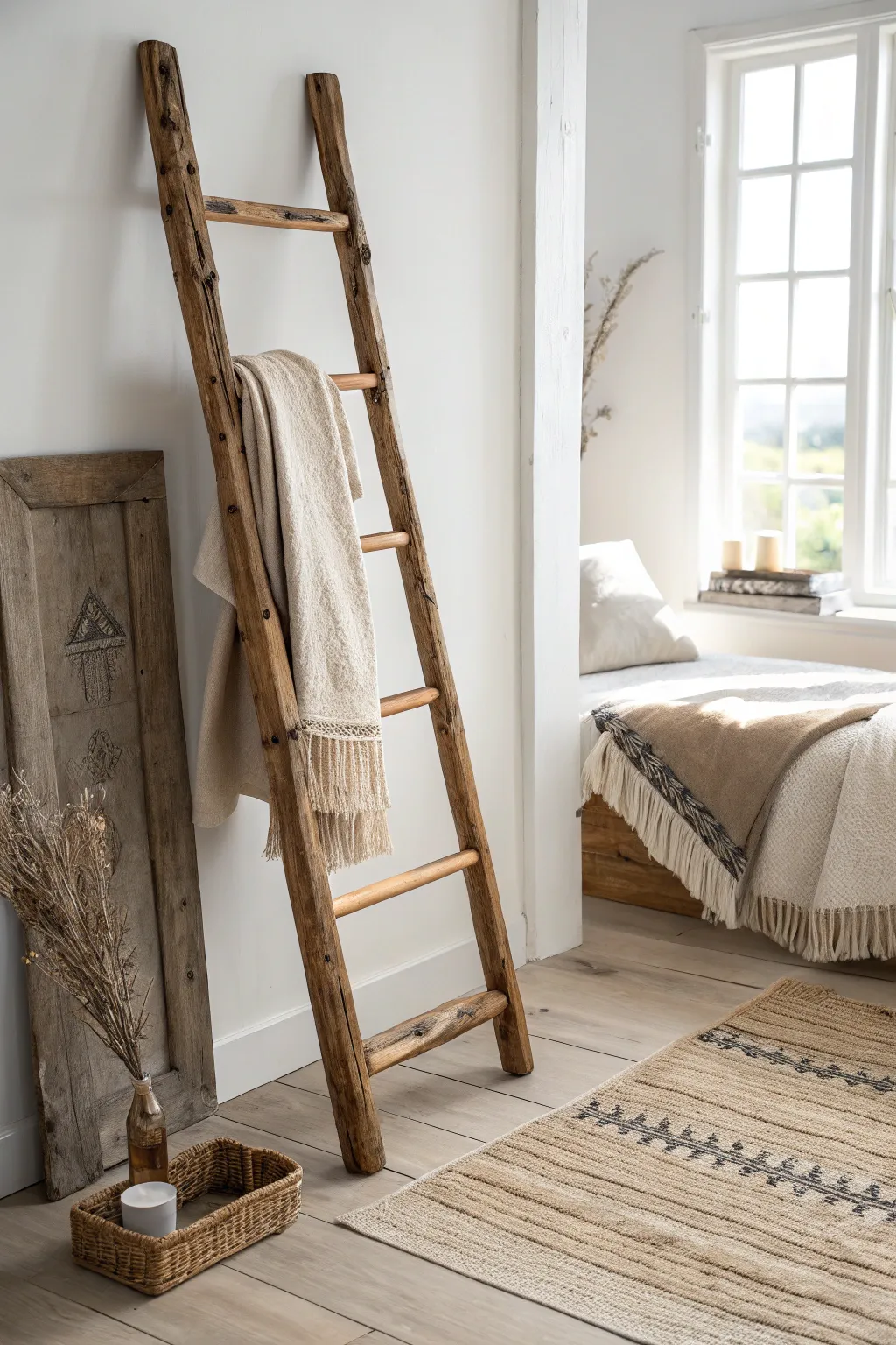 Embrace simplicity with a DIY wooden ladder that adds warmth and charm to your bedroom decor.
