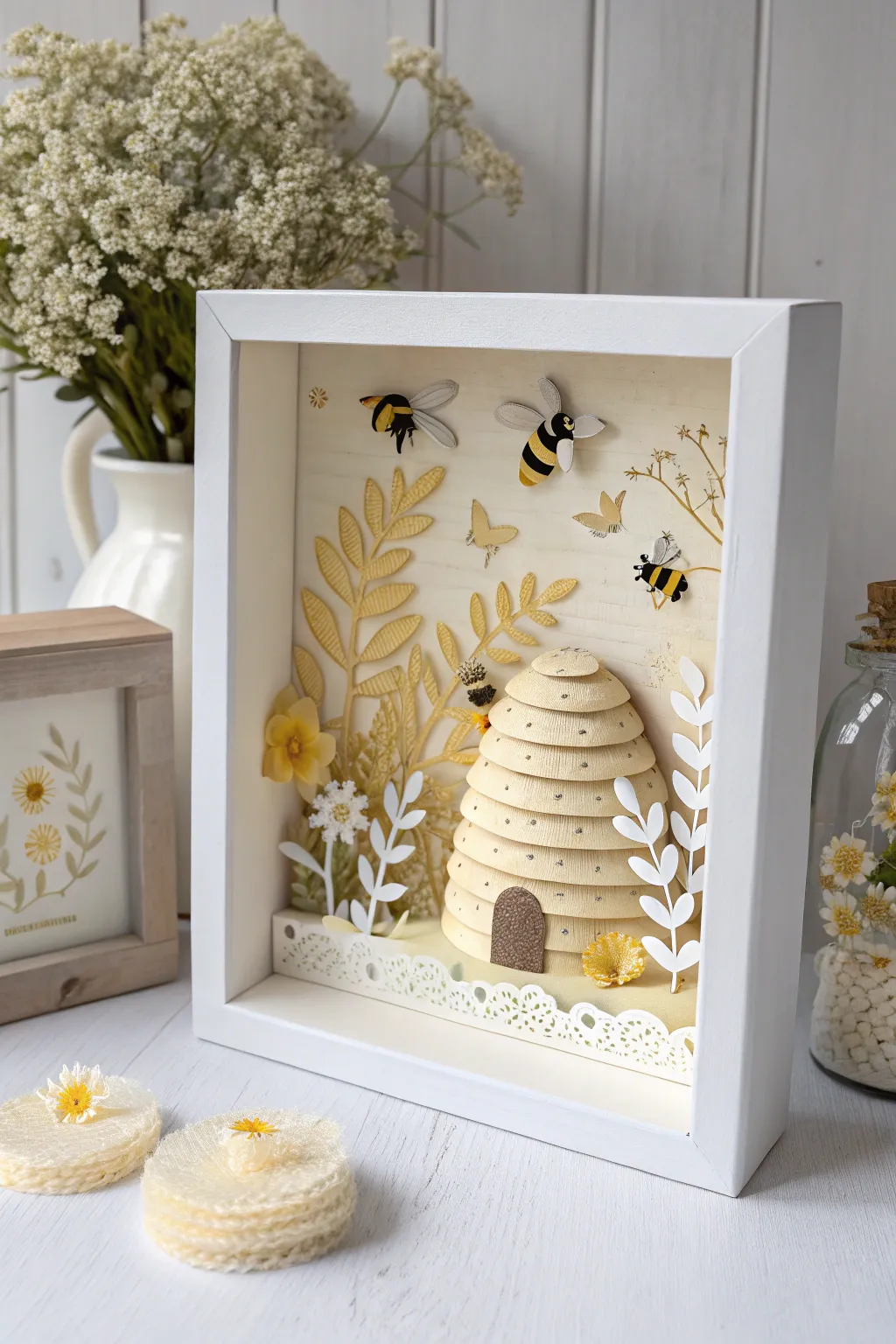 Craft your sanctuary with a touch of nature: Layered paper bees and hive shadow box.