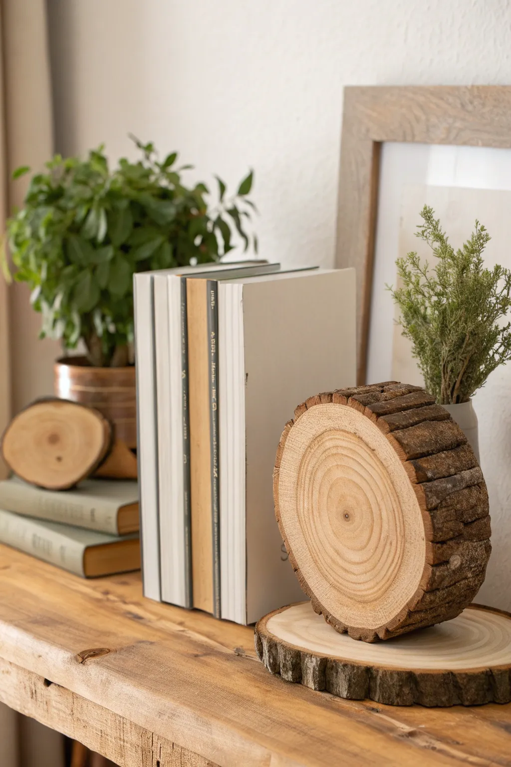 Embrace nature indoors with these charming log slice bookends, perfect for adding a rustic touch to your minimalist decor.