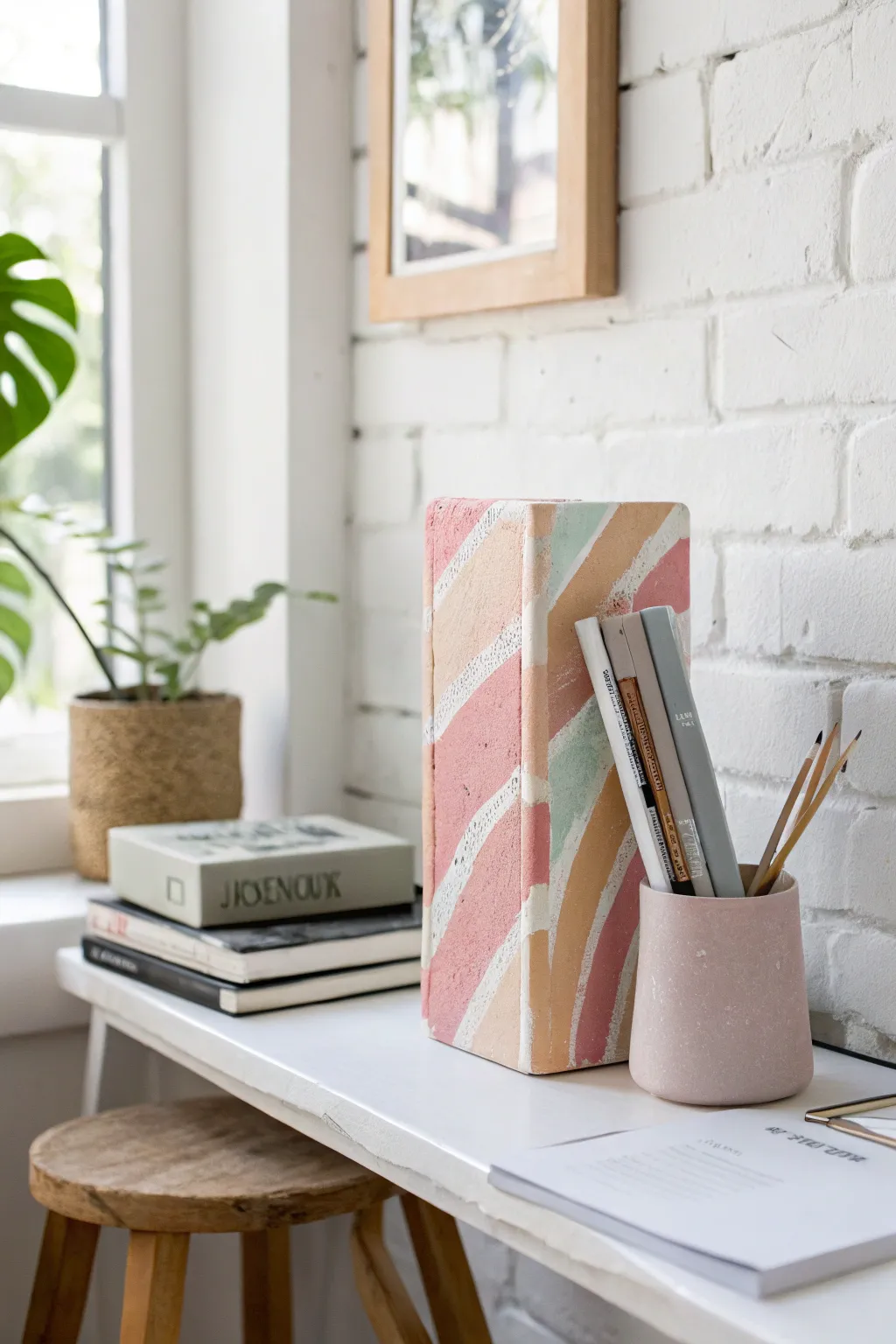 Elevate your book collection with DIY charm: A minimalist brick bookend with a personal touch.