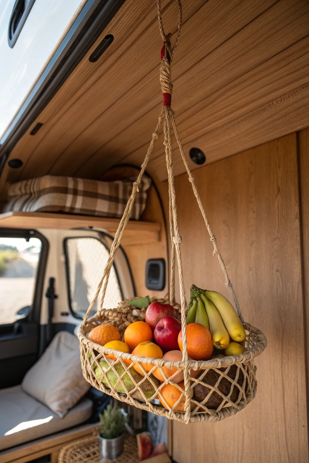 Elevate your campervan life with a charming hanging fruit basket.