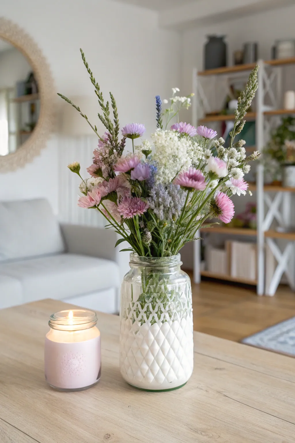 Transform your candle jars into charming vases for a touch of natural elegance.