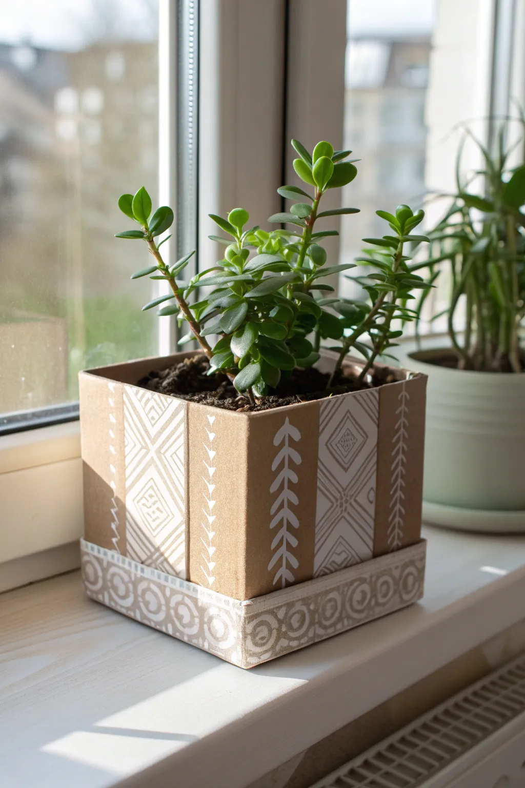Transform cardboard boxes into charming eco-friendly planters for a touch of natural beauty in your home.