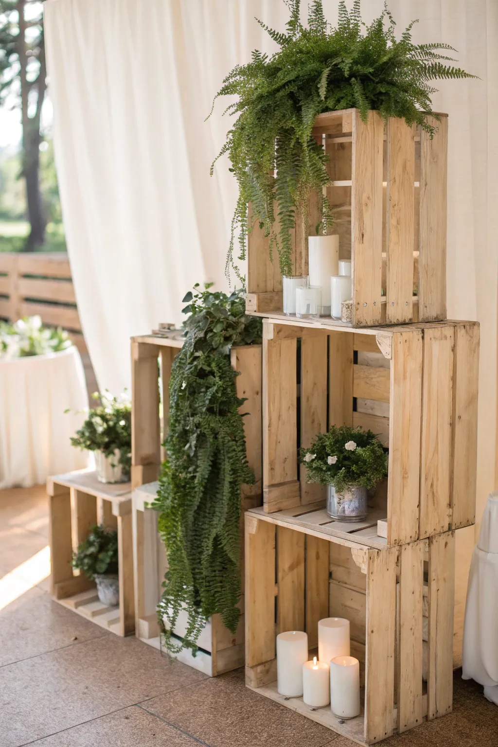 Create your dream rustic wedding backdrop with simple wooden crates and a touch of greenery. 🌿✨ #ScandiBohoWedding