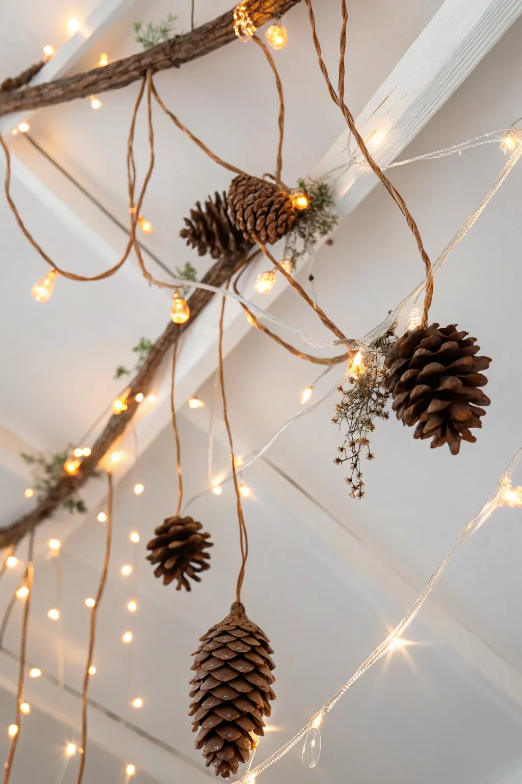 Illuminate your holiday evenings with rustic elegance: twinkle lights and pinecones create the perfect cozy ceiling decor.