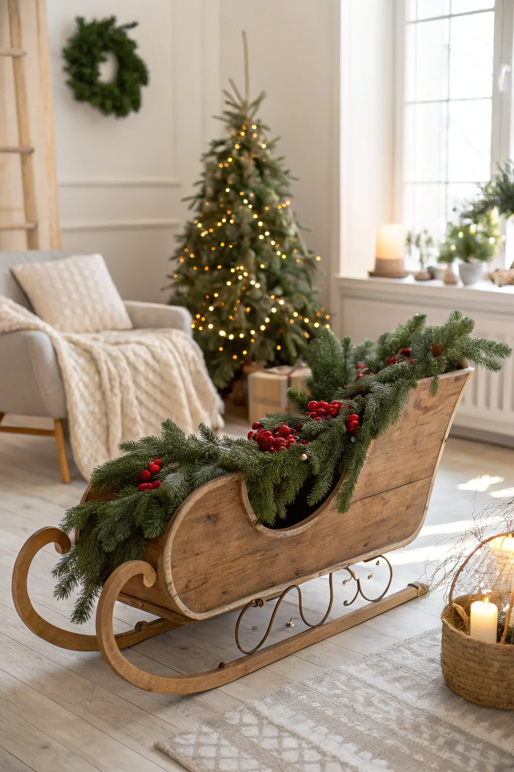 Bring festive charm to your home with a handcrafted sleigh adorned in holiday garland, perfect for a minimalist winter wonderland.