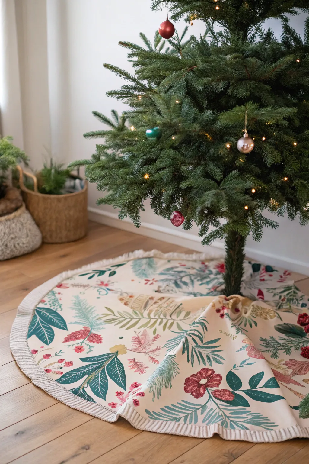 Transform your holiday decor with a floral fabric Christmas tree skirt—where garden beauty meets minimalist charm.