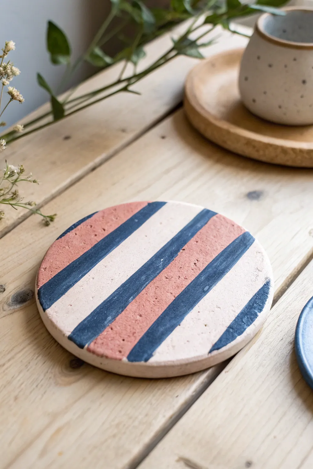 Elevate your table setting with these chic, striped clay coasters. A perfect blend of simplicity and artistry.