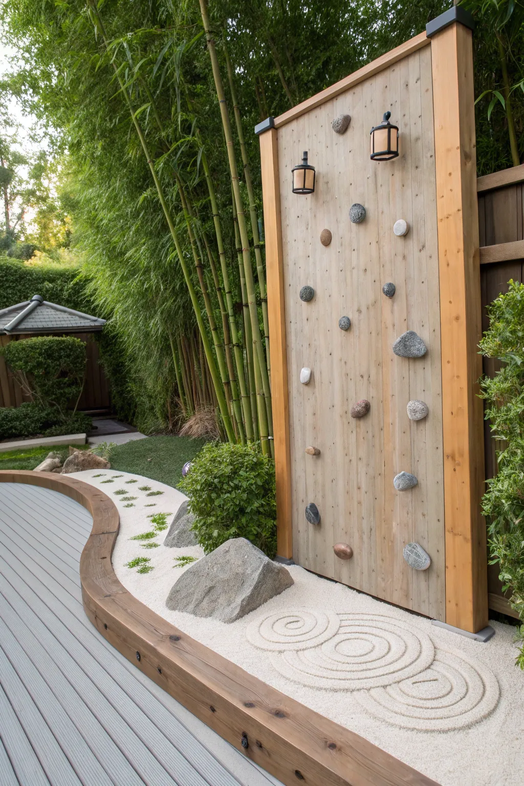 Achieve tranquility and strength with this zen garden climbing wall masterpiece.